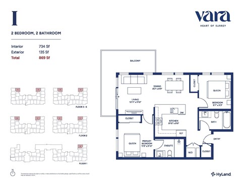 Floor plan for 2 beds, 2 baths, 734 sqft